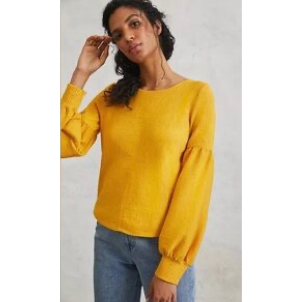 Anthropologie Mustard‎ Yellow Textured Puff Sleeve Knit Top Size Small